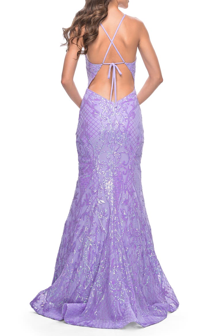 Neon Mermaid Print Sequin Dress with Lace Up Open Back, Alternate, color, Lavender
