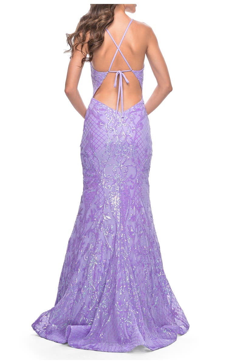 La Femme Neon Mermaid Print Sequin Dress with Lace Up Open Back, Alternate, color, Lavender