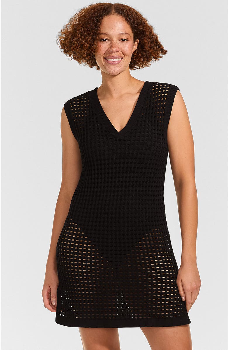 Lands' End Cotton Open Knit V-Neck Swim Cover-up Dress, Main, color, Black