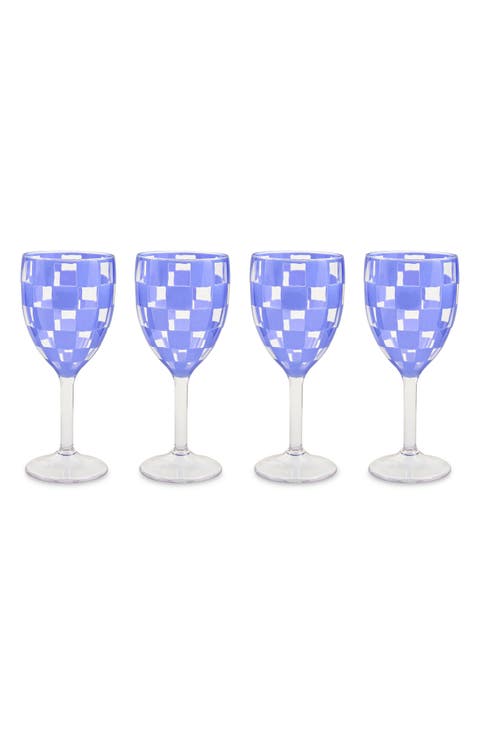 Set of 4 Blue Check Acrylic Wine Goblets