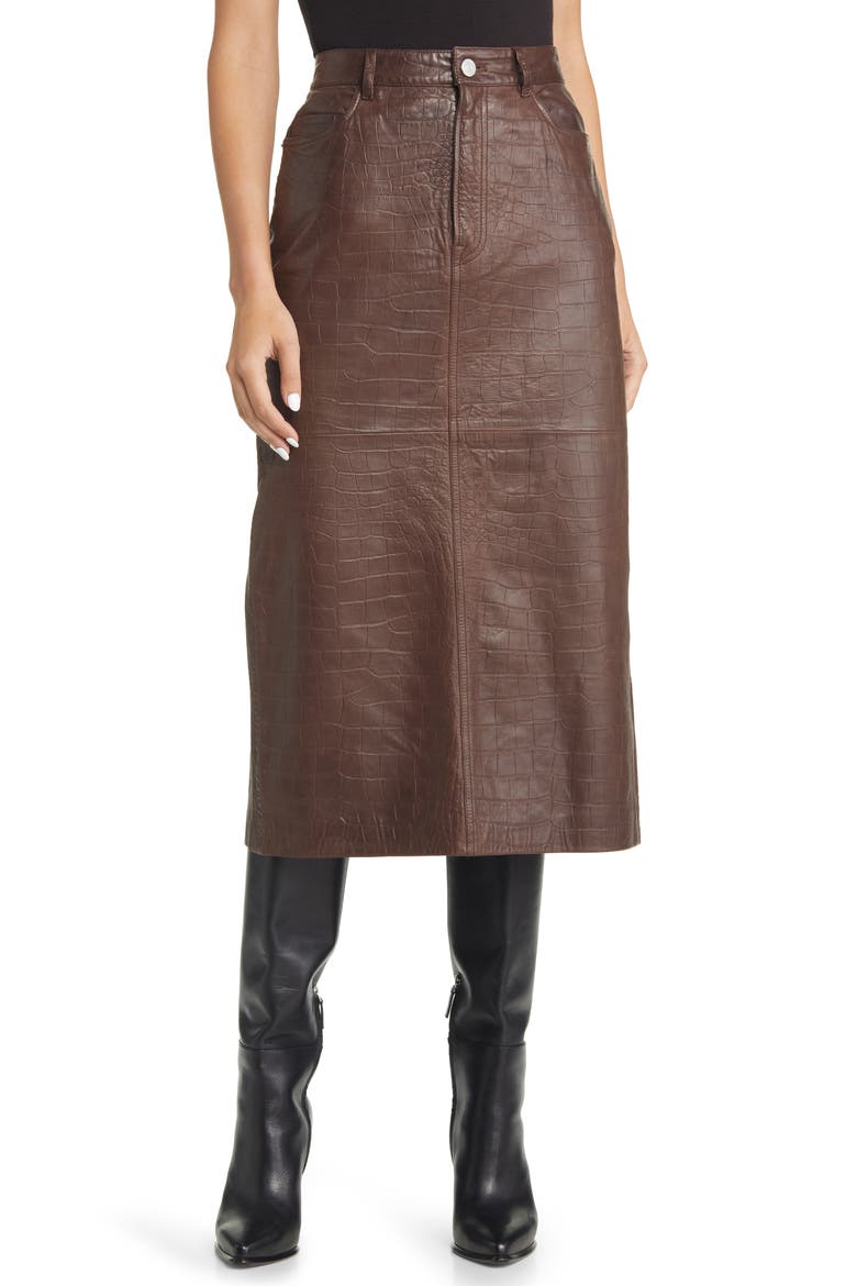 Croc Embossed Leather Skirt, Main, color, AMERICANO