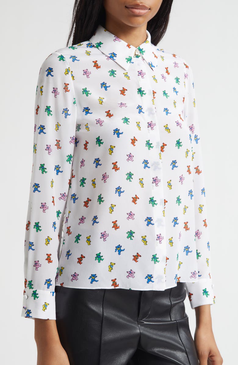 Alice + Olivia x Grateful Dead Willa Print Silk Button-Up Shirt, Alternate, color, Rainbow Bears