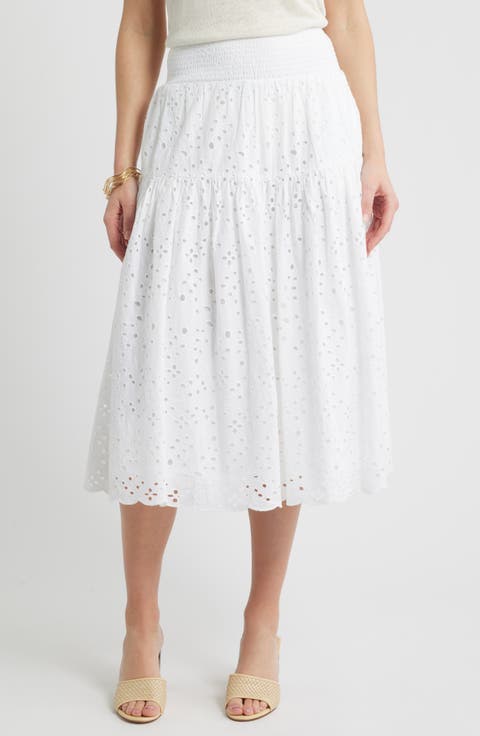 Smocked Waist Eyelet Midi Skirt