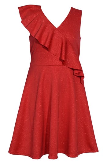 Bonnie Jean Kids' Asymmetric Ruffle Skater Dress In Red