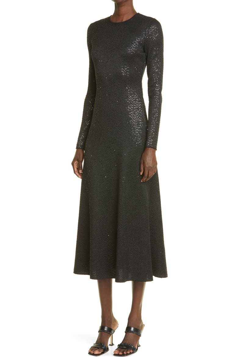 St. John Collection Sequin Knit Fit & Flare Dress, Alternate, color, BLACK