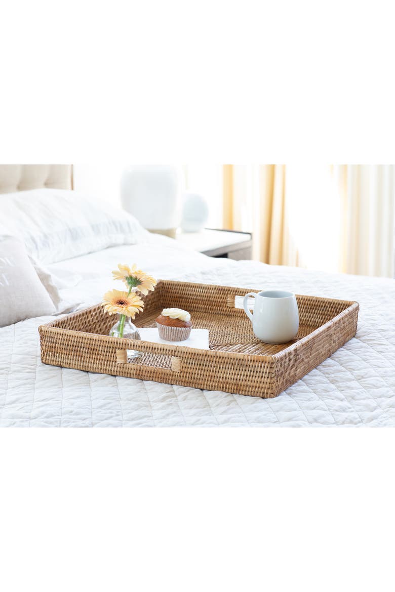 Artifacts Rattan Square Serving Tray with Cutout Handles, Alternate, color, Honey Brown