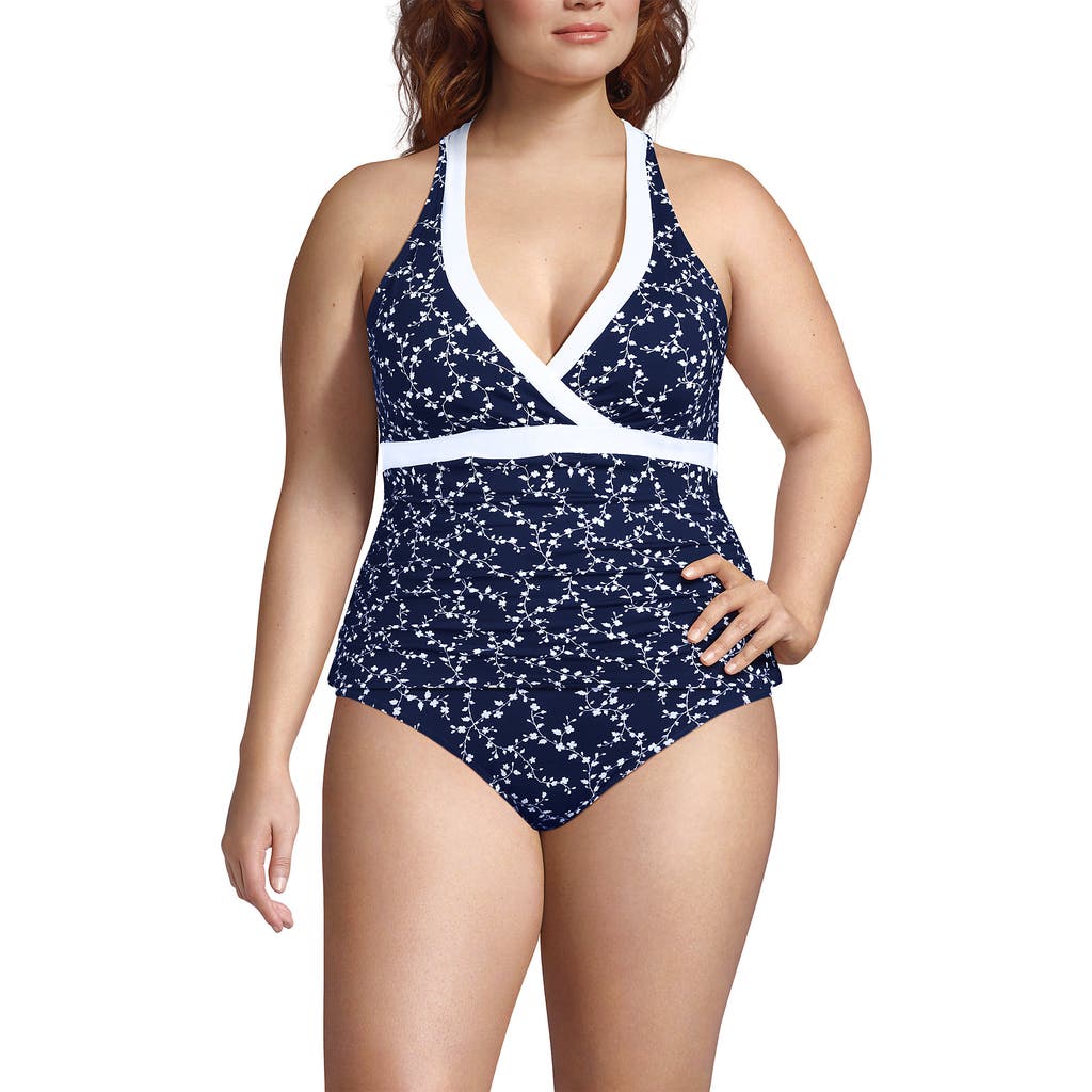 Lands' End Plus Size V-neck Halter Tankini Top In Navy/white Flowering Vine
