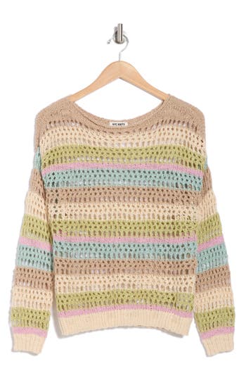 Nyc Knits By The Sweater Dept Stripe Boat Neck Pointelle Sweater In Oat Combo