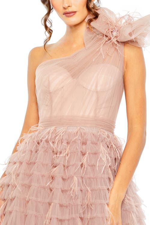 Mac Duggal One Shoulder Faux Bow Feather Tiered A Line Gown In Dusty Rose