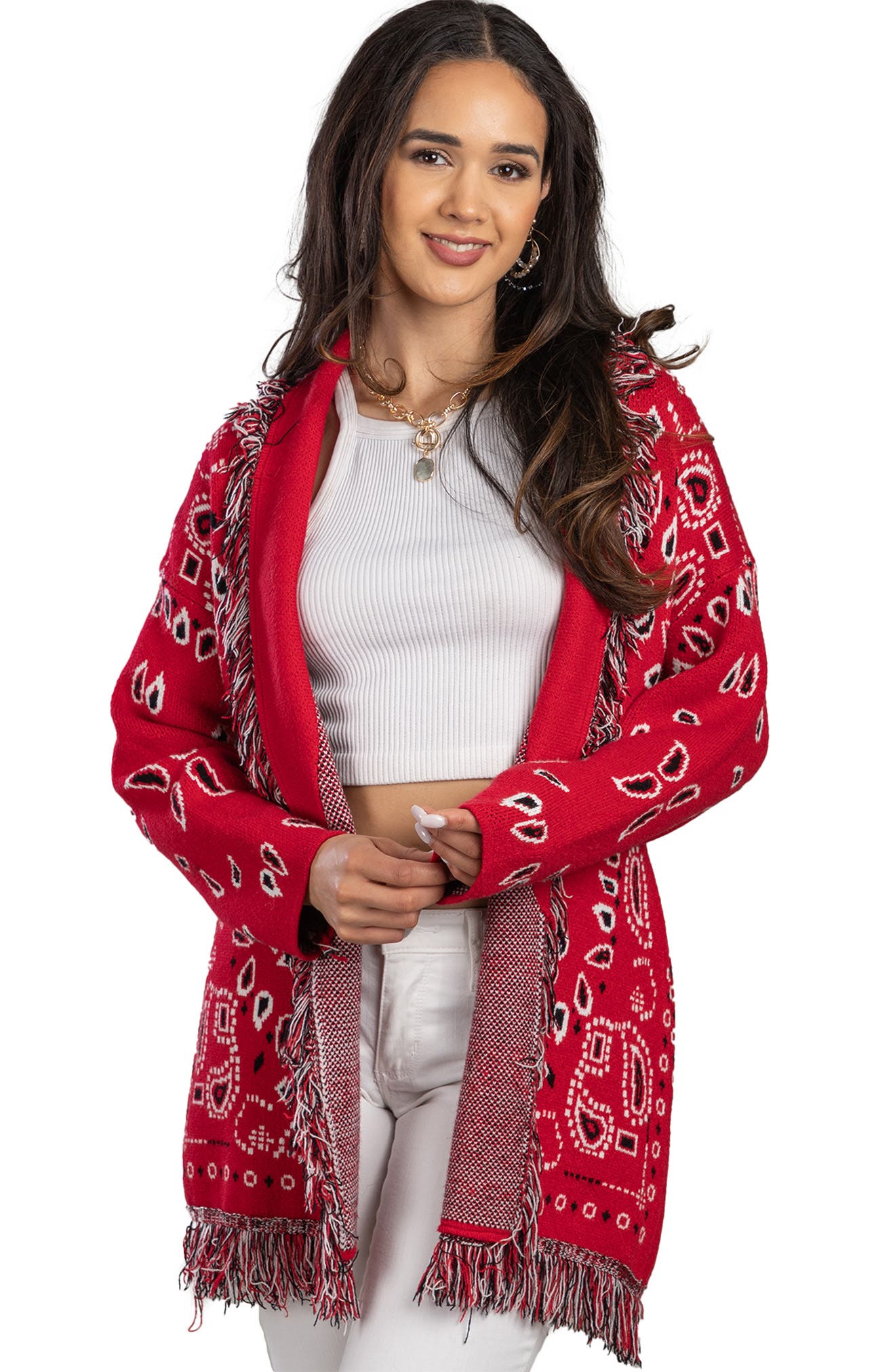 SAACHI Bandana Print Fringe Cardigan (Women) | Nordstromrack