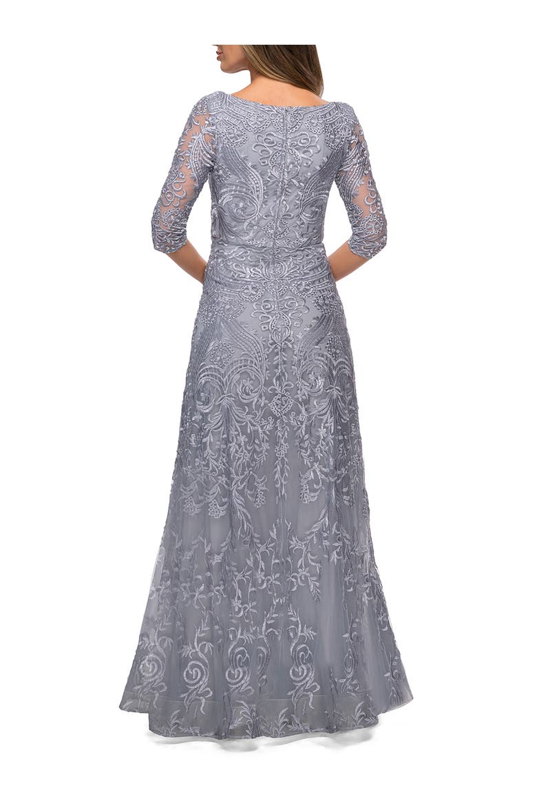 Embroidered Lace Gown with V Neckline and Flare Skirt, Alternate, color, Silver