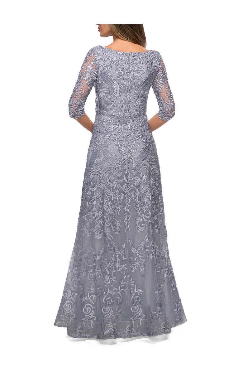 La Femme Embroidered Lace Gown with V Neckline and Flare Skirt, Alternate, color, Silver
