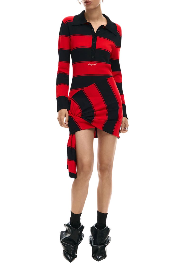 Stripe Side Drape Long Sleeve Minidress, Main, color, RED