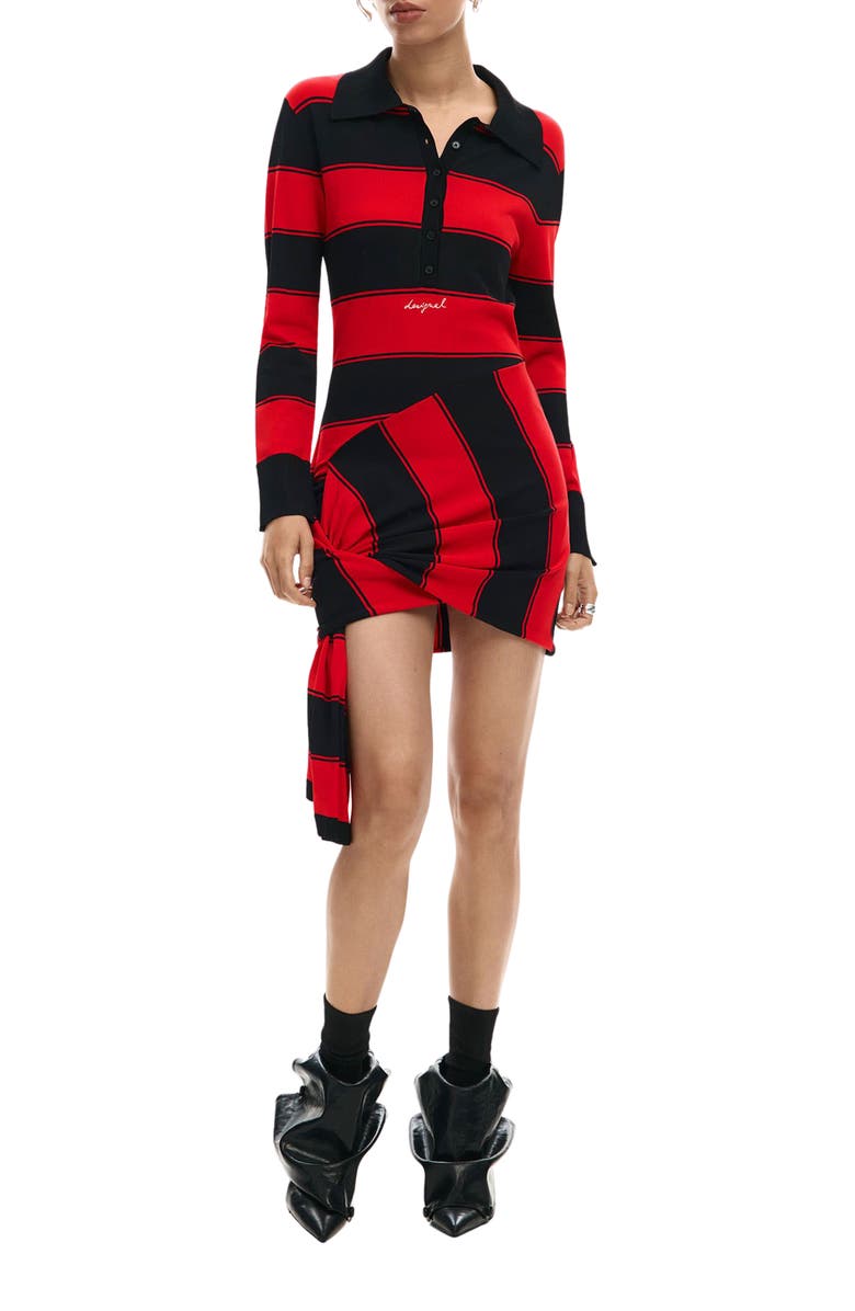 Desigual Stripe Side Drape Long Sleeve Minidress, Main, color, Red