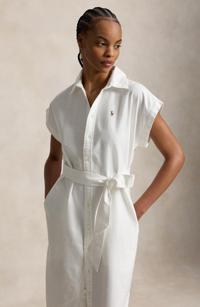 Polo Ralph Lauren Belted Cotton Midi Oxford Shirtdress, Alternate, color, Bsr White
