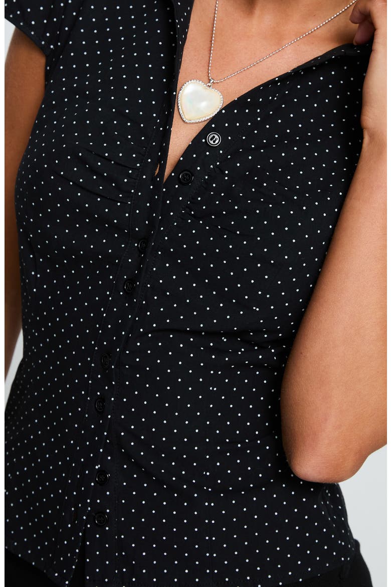 Arianwyn Polka Dot Cap Sleeve Cotton Button-Up Shirt, Alternate, color, BLACK