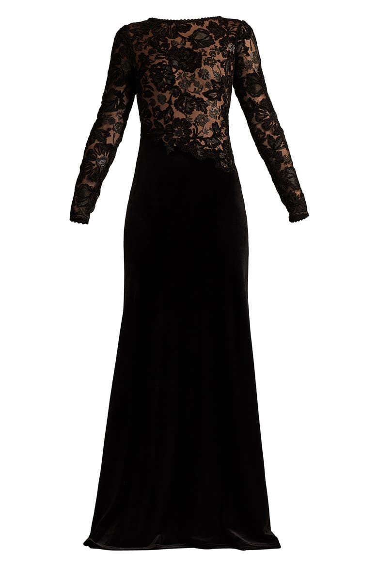 Embroidered Bodice Long Sleeve Gown, Alternate, color, BLACK/ BEIGE