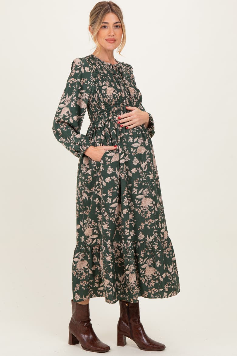 Floral Smocked Long Sleeve Midi Dress, Alternate, color, Olive Green