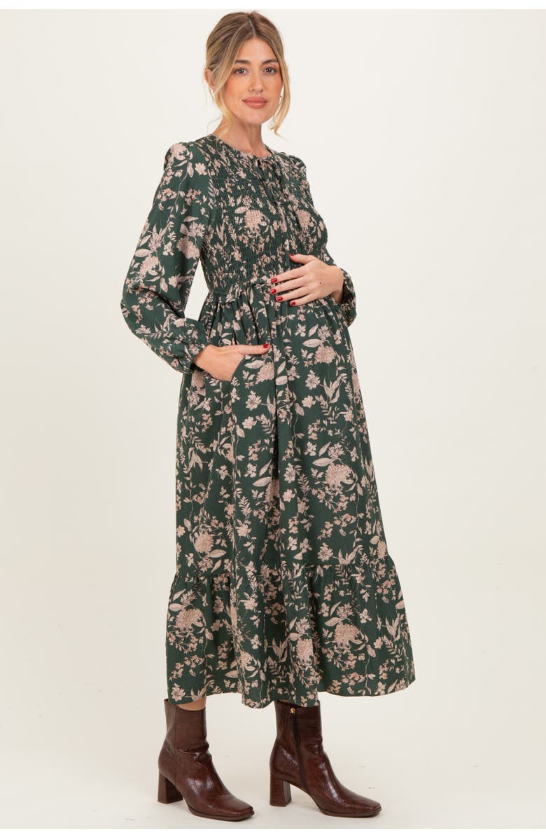 PinkBlush Floral Smocked Long Sleeve Midi Dress, Alternate, color, Olive Green