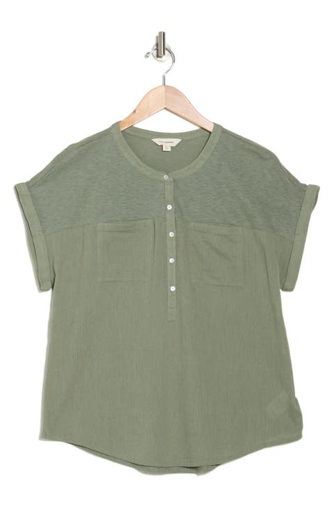 Mixed Media Short Sleeve Cotton Henley Top