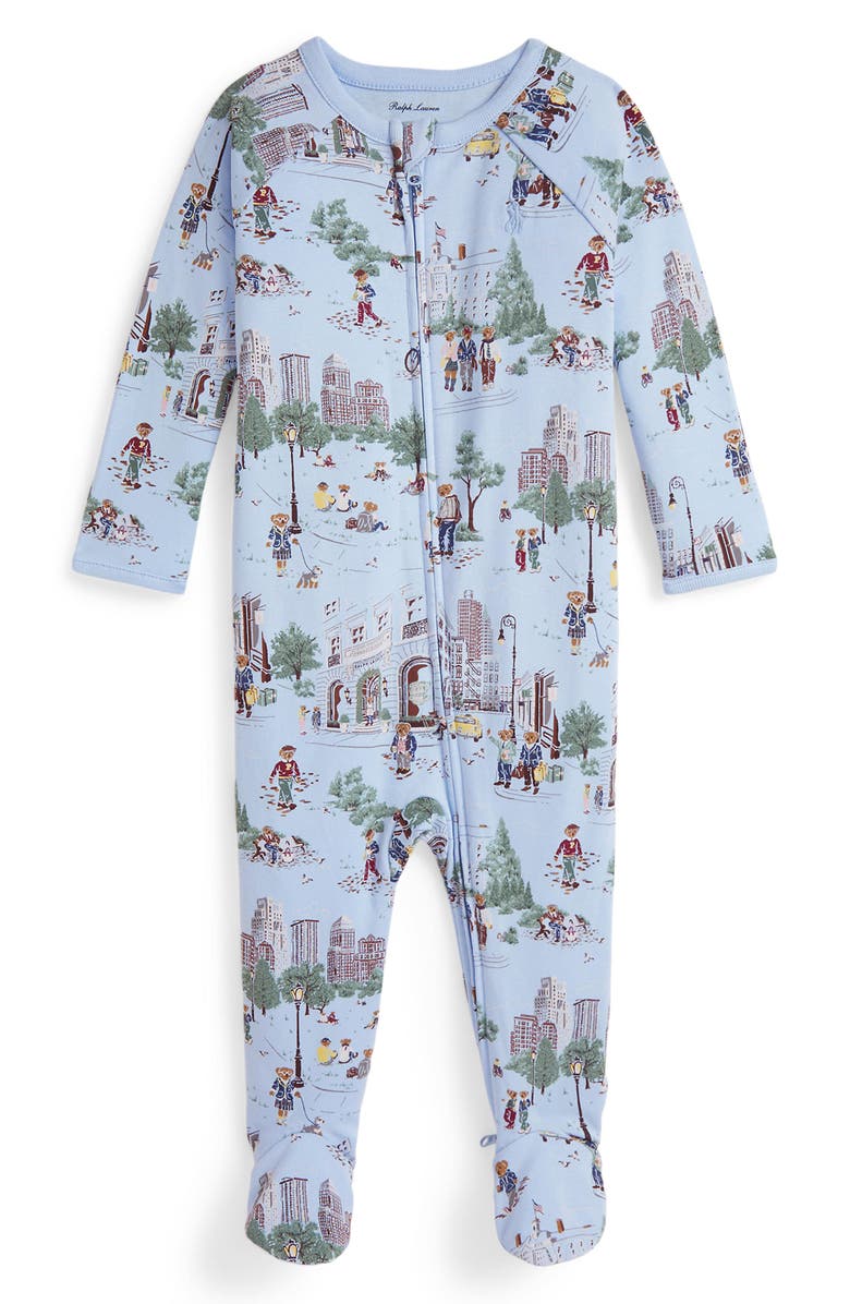 Ralph Lauren Bear Print Cotton Zip Footie, Main, color, Nyc School Baby Boy Bear