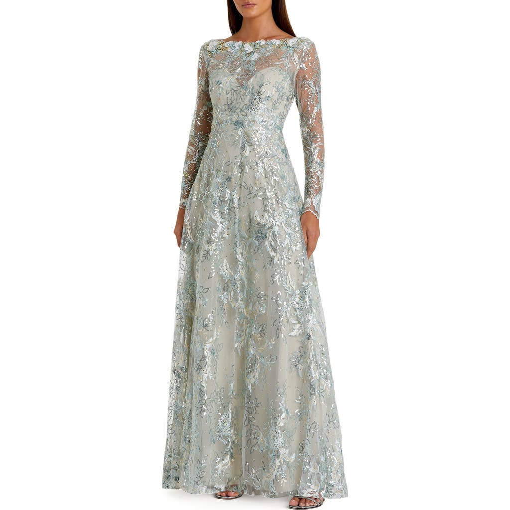 Mac Duggal Floral Rhinestone Embroidered Sweetheart Illusion Long Sleeve Gown In Mist