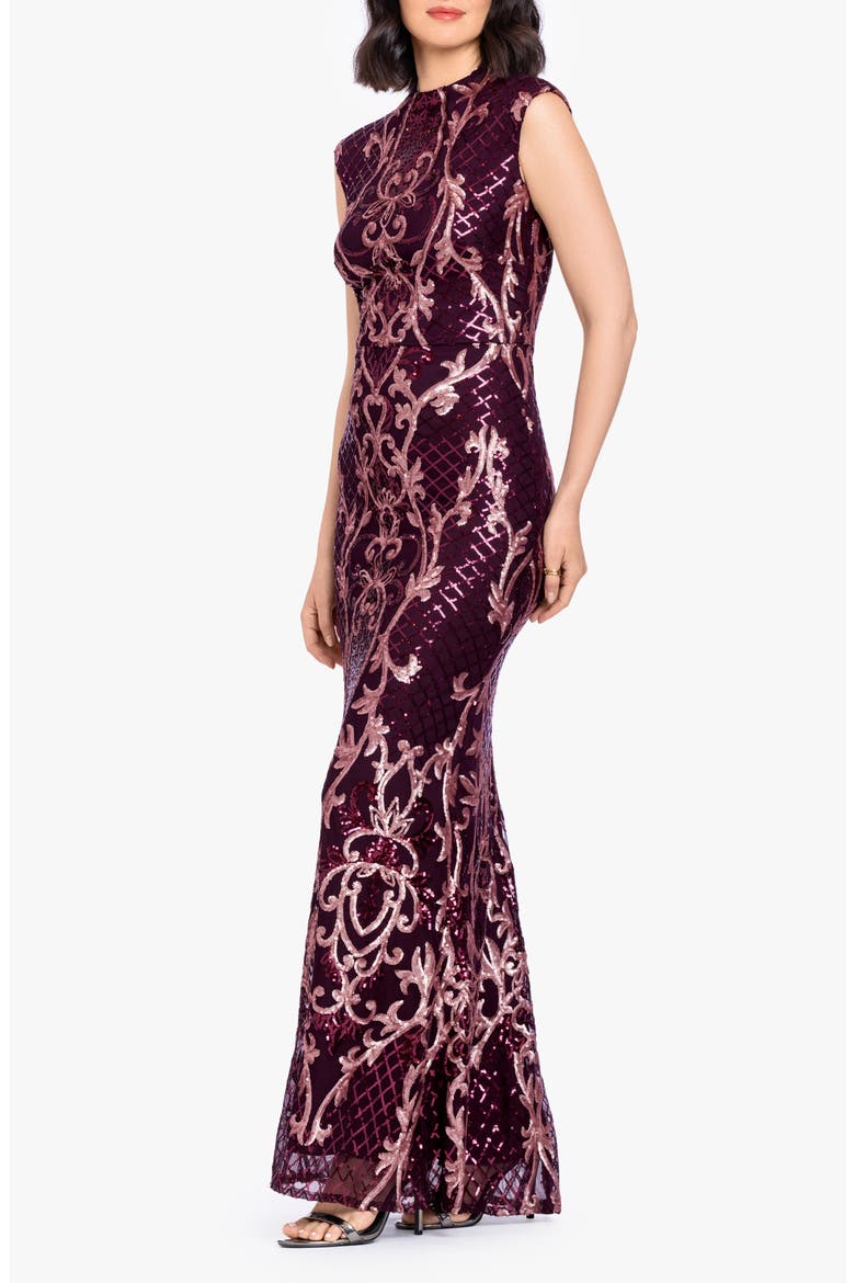 Sequin Mock Neck Sleeveless Mermaid Gown, Alternate, color, WINE/ ROSE