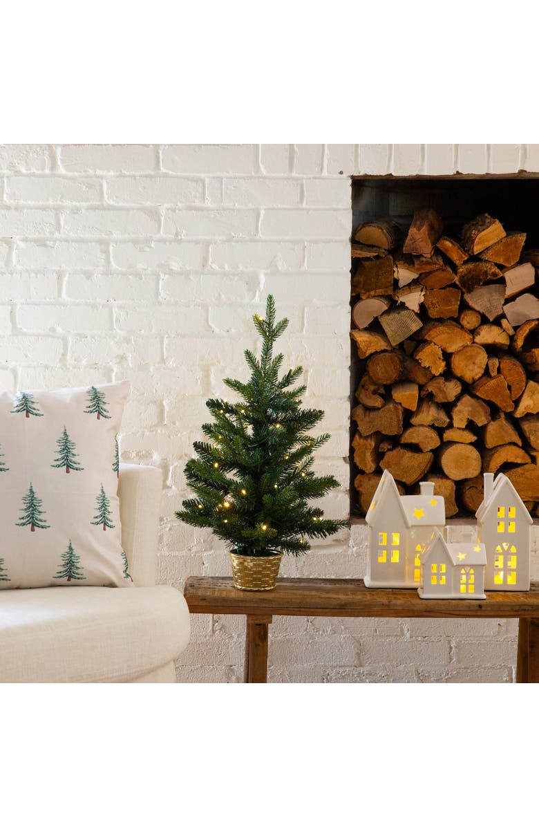 NEARLY NATURAL 2-ft Pre-Lit Artificial Classic Christmas Tree with 35 Warm White LED Lights in Gold Decorative Planter, Alternate, color, Green