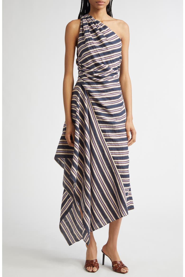 Lyn Stripe One-Shoulder Linen Blend Sundress, Main, color, NAVY STRIPE