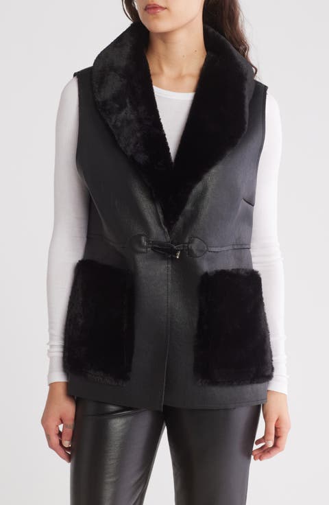 Faux Fur Trim Faux Leather Vest