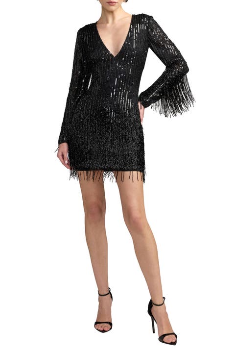 Long Sleeve V-Neck Beaded Fringe Mini Dress