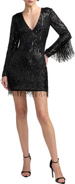 Mac Duggal Long Sleeve V-Neck Beaded Fringe Mini Dress