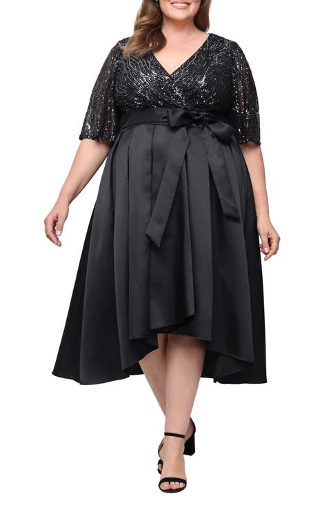 Sequin Flutter Sleeve Satin High-Low Cocktail Dress