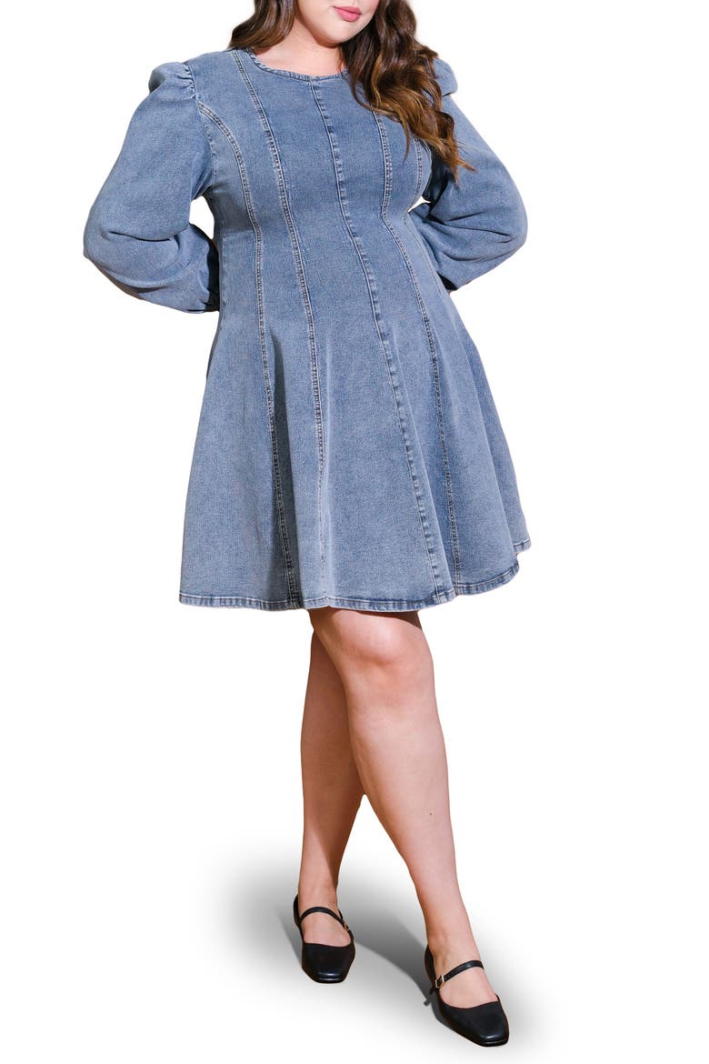 Washed Denim Long Sleeve Minidress, Main, color, BLUE ACID