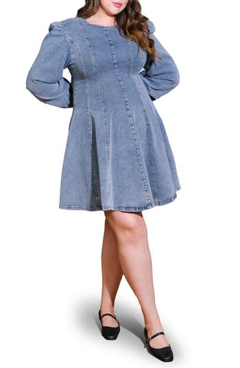 Flying Tomato Washed Denim Long Sleeve Minidress In Blue