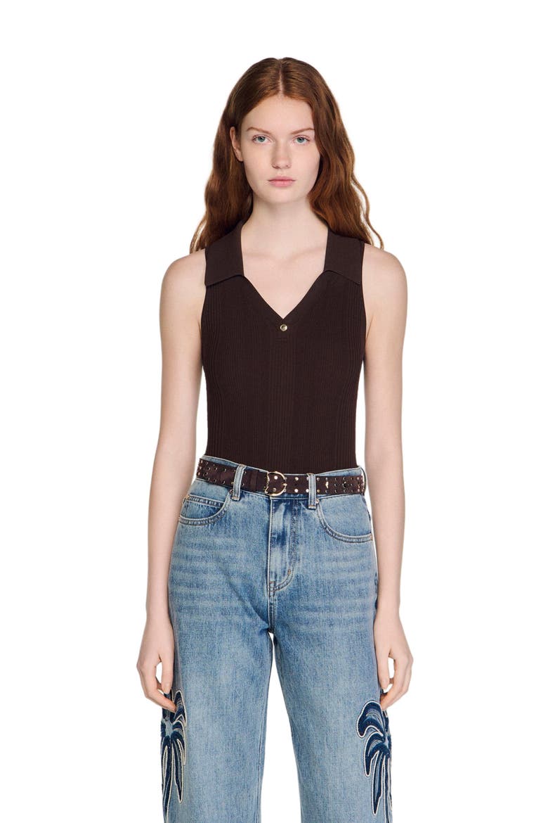 Ribbed knit polo bodysuit, Main, color, Brown
