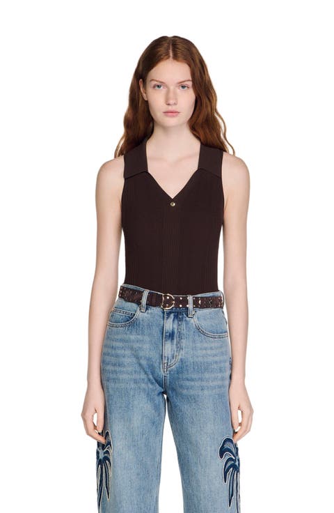 Ribbed knit polo bodysuit