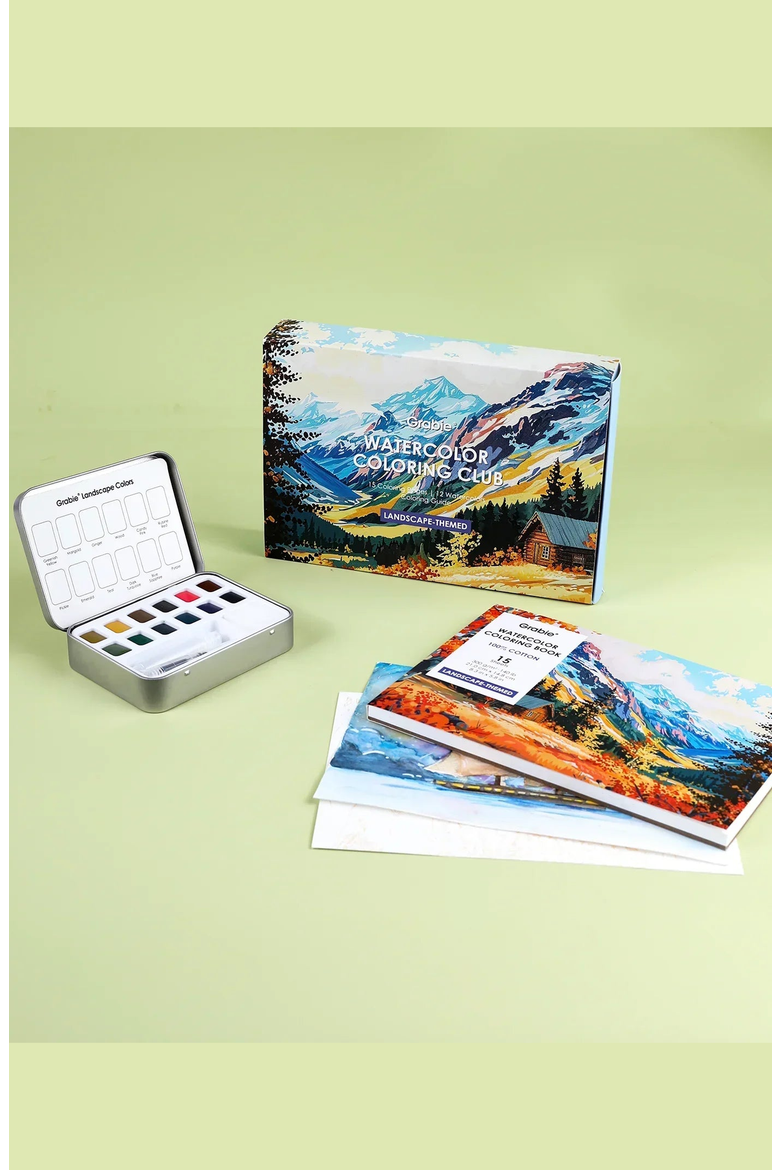Landscape Themed Watercolor Coloring Club Box, Alternate, color, Blue-Green