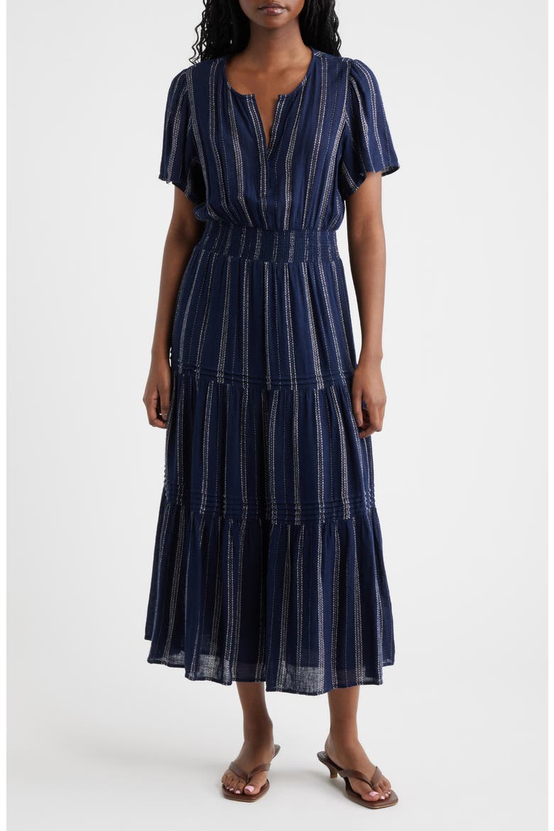 Cannes Stripe Tiered Linen Blend Dress, Main, color, MARINA STRIPE