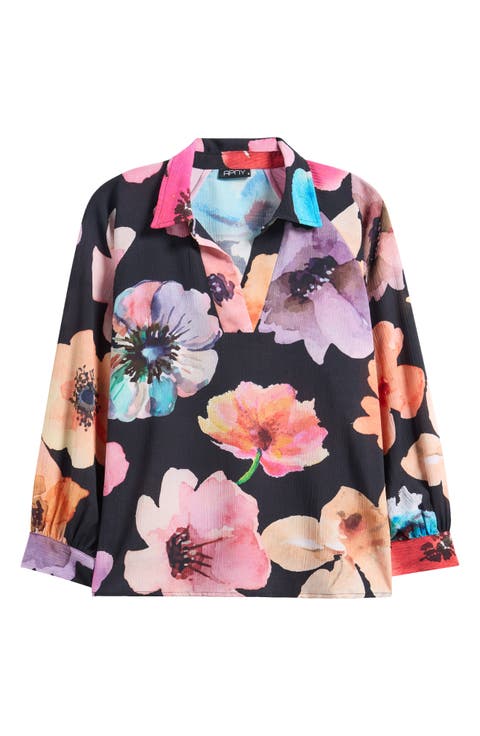 Print Split Neck Top