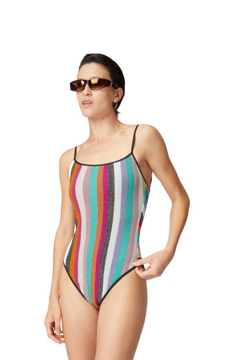 One-piece Swimsuit In Striped Ribbed Lamé Knit
