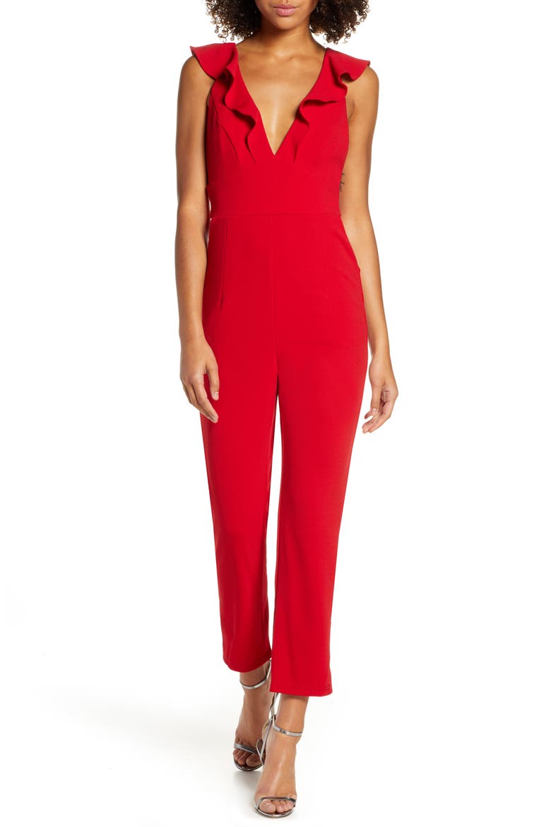 Leilani Ruffle Trim Jumpsuit, Main, color, RED