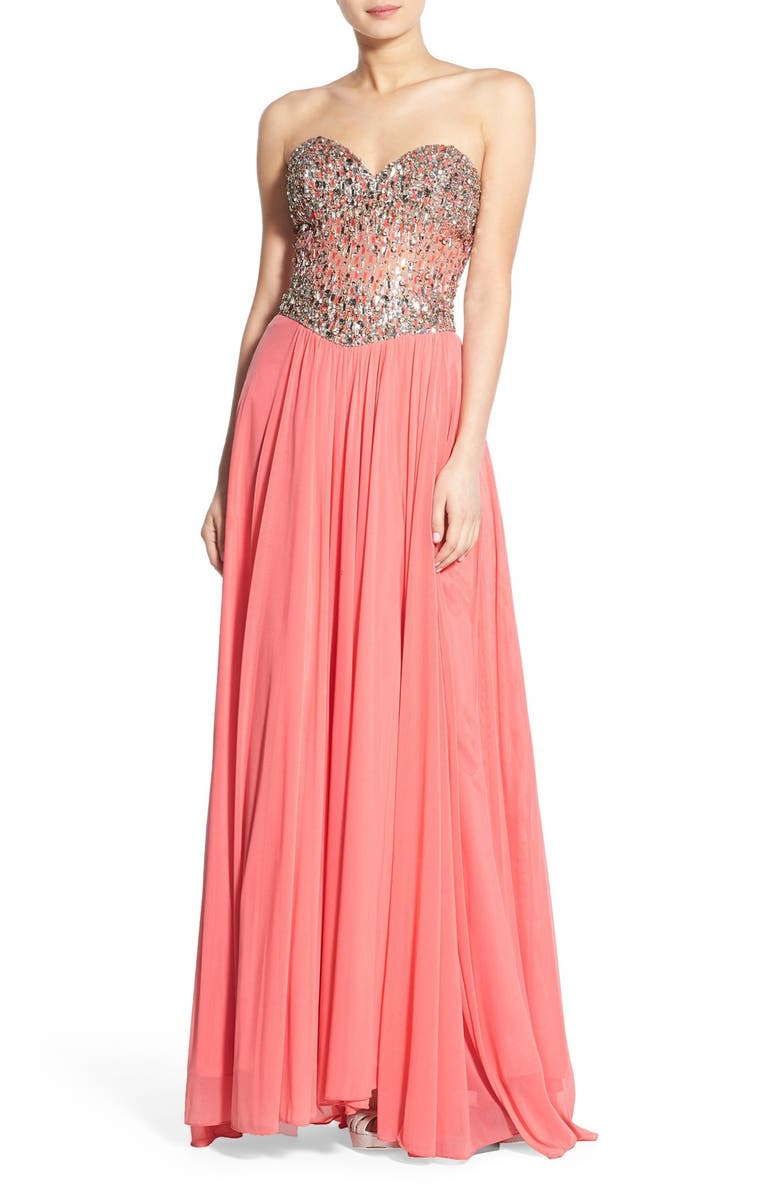 Glamour by Terani Couture Embellished Mesh Fit & Flare Gown, Main, color,