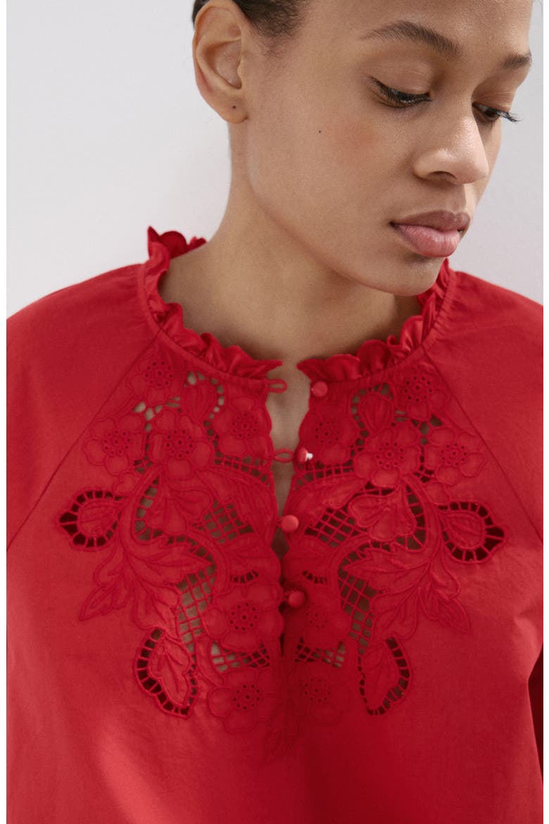 Cotton Ruffle Trim Broderie Anglaise Top, Alternate, color, RED