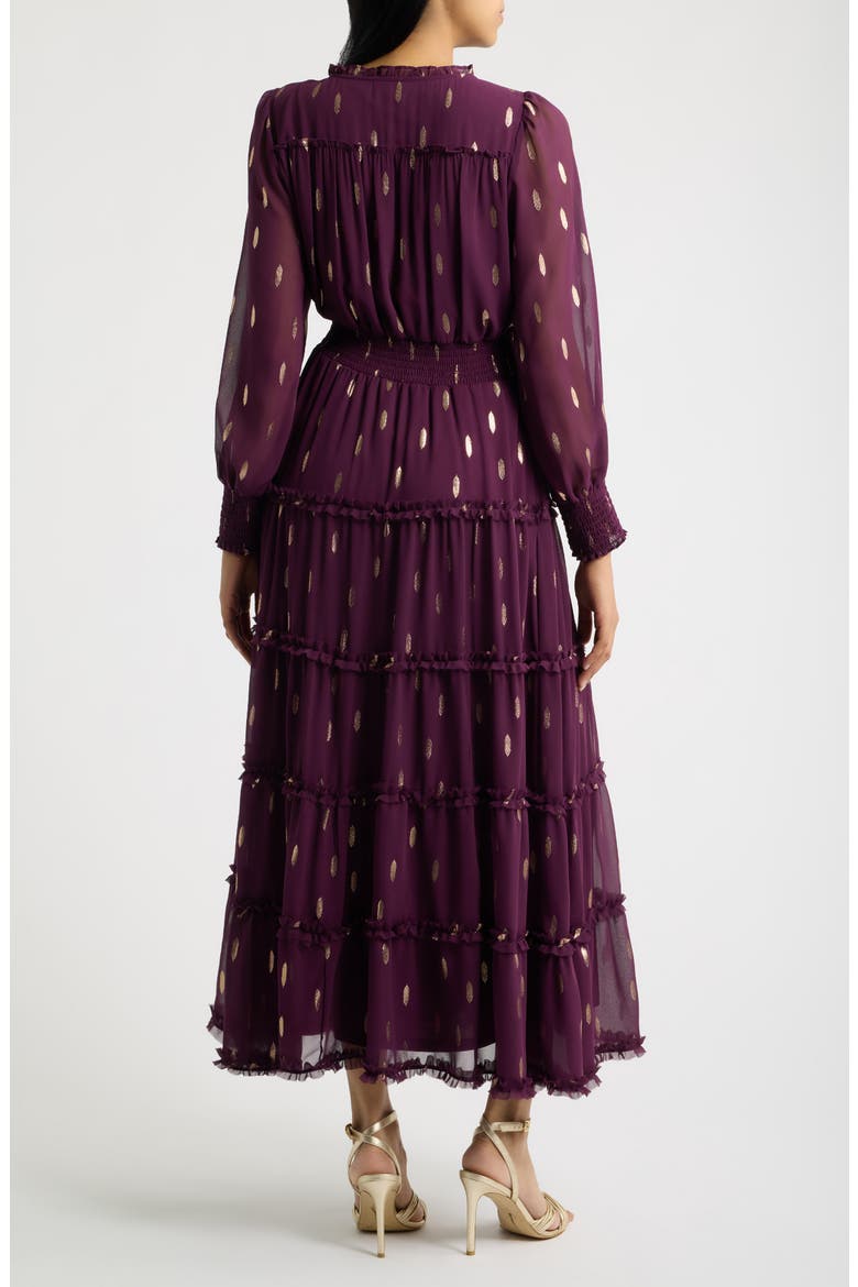 Foil Smocked Waist Long Sleeve Tiered Maxi Dress, Alternate, color, POTENT PURPLE