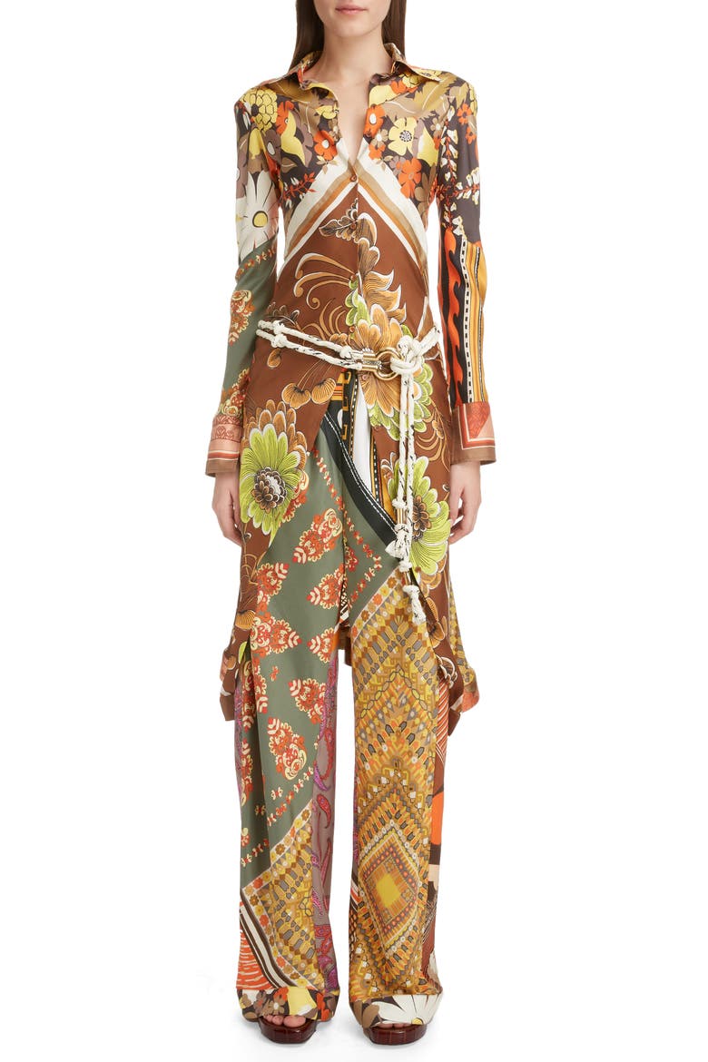 Caravan Print Silk Tunic Shirt, Alternate, color, MULTICOLOR ORANGE