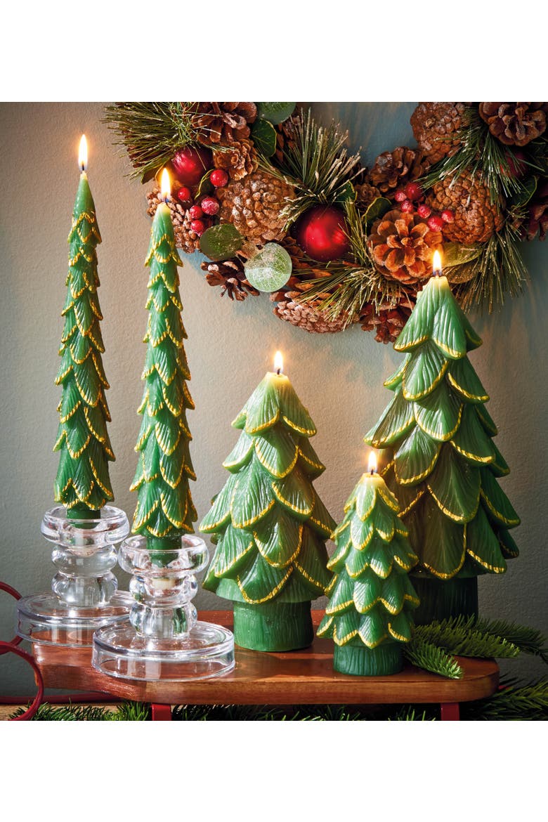 Gilded Pine Tree Taper Candle S/2 Green Green Paraffin Wax Christmas, Alternate, color, Green