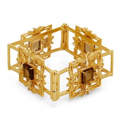 Mori Cuff Bracelet In 22k Gold-plated Brass With Beer Quartz Glass Gems