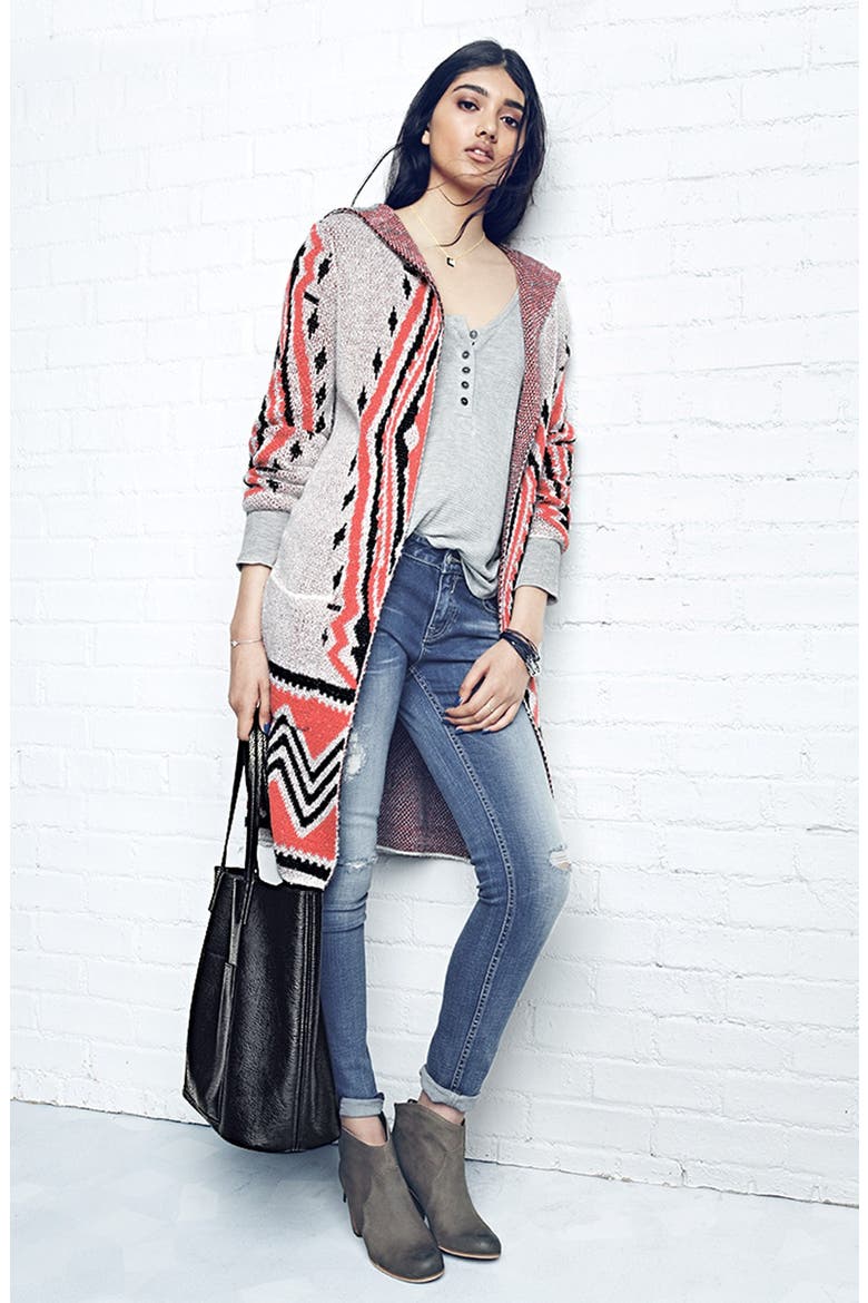 Hooded Jacquard Cardigan, Alternate, color, BROWN BARK BOUCLE JACQUARD