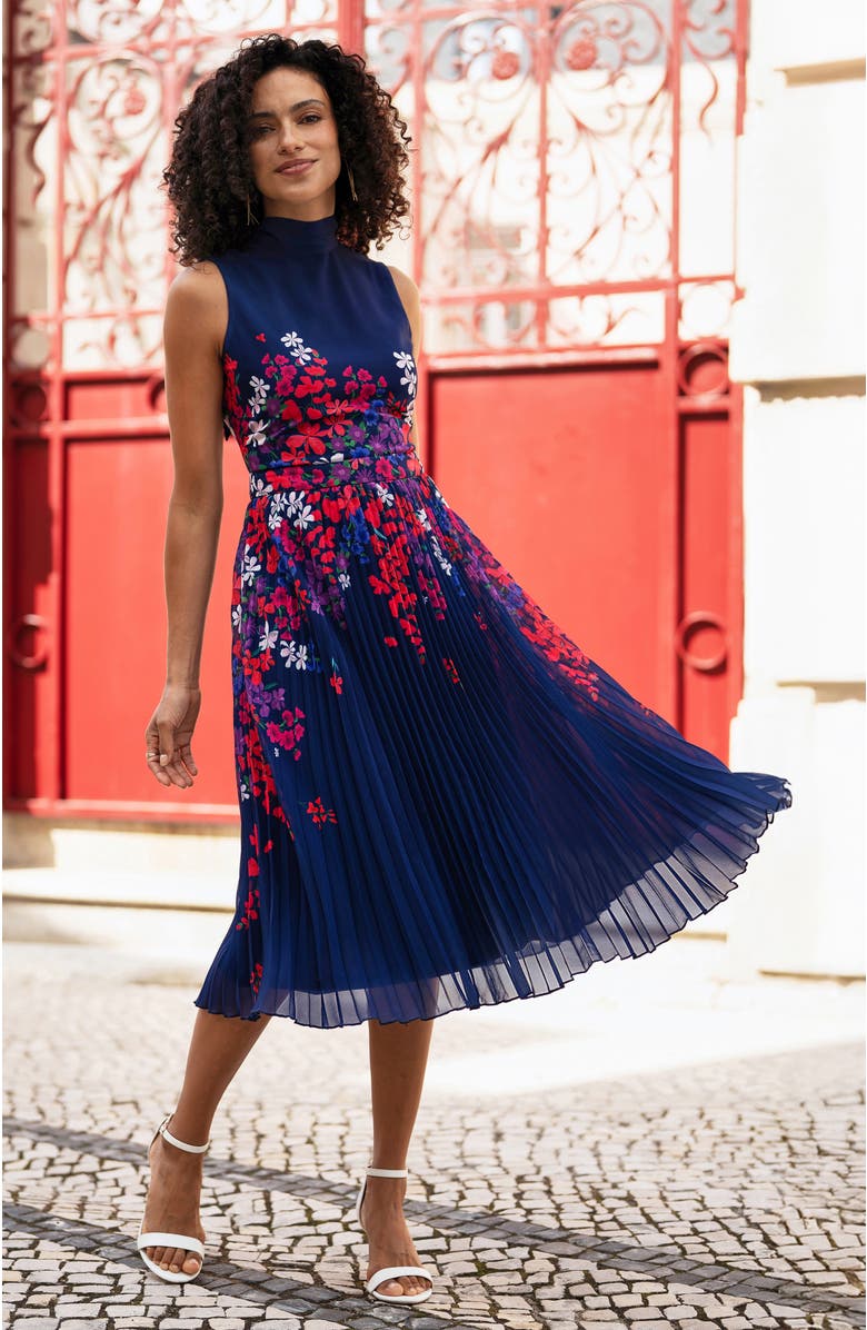 Yumi Printed Pleated Midi Dress, Alternate, color, Navy